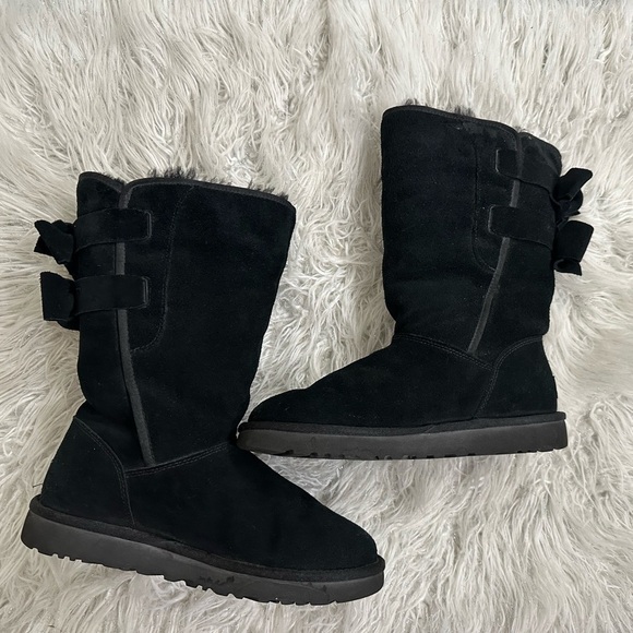 UGG Black Suede Women's Boots coquette style Sz 8 - Picture 1 of 7
